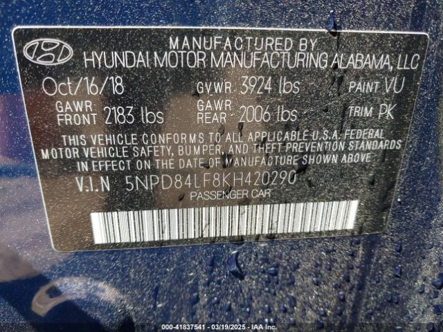 5NPD84LF8KH420290 Hyundai ELANTRA SEL