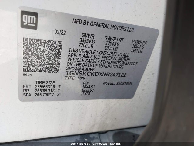 1GNSKCKDXNR247122 Chevrolet Suburban 4wd Lt