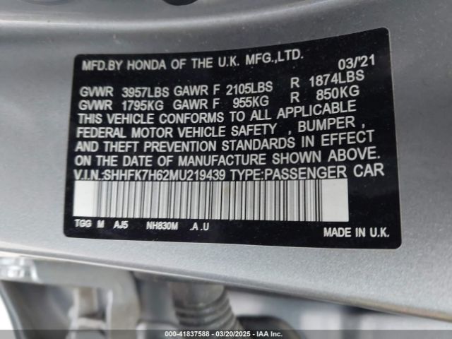 SHHFK7H62MU219439 Honda CIVIC EX