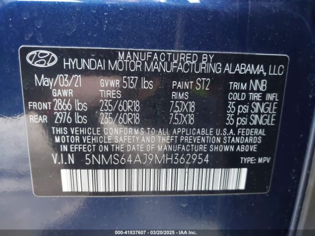 2021 HYUNDAI SANTA FE 5NMS64AJ9MH362954 Photo 8