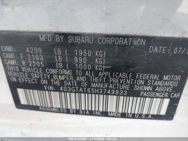 4S3GTAT65H3749933 Subaru Impreza 2.0i Limited