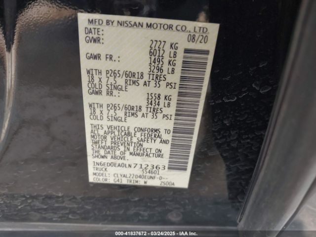 1N6ED0EA0LN712363 Nissan Frontier Sv 4x2