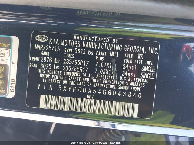 5XYPGDA54GG043840 KIA Sorento 3.3l Lx