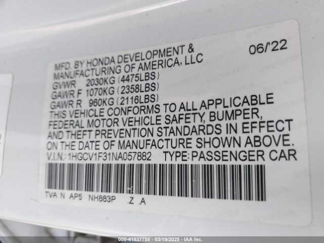 1HGCV1F31NA057882 Honda Accord Sport