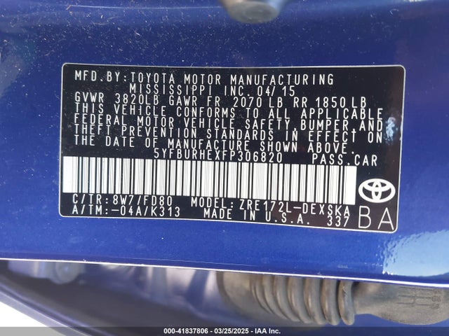 5YFBURHEXFP306820 Toyota Corolla S Plus