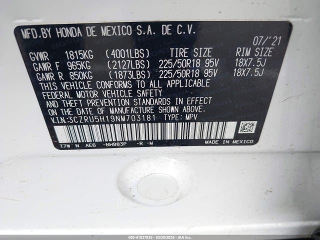 3CZRU5H19NM703181 Honda Hr-v 2wd Sport