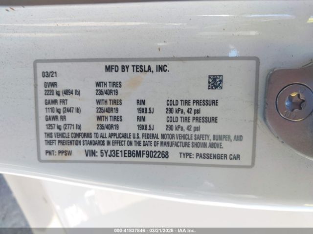 5YJ3E1EB6MF902268 Tesla Model 3 Long Range Dual Motor All-wheel Drive