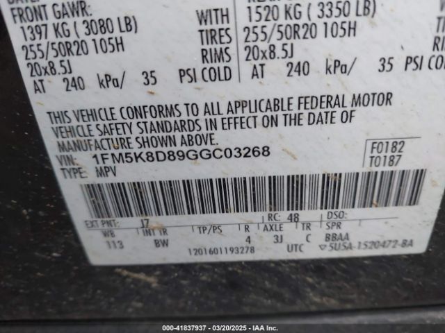 1FM5K8D89GGC03268 Ford EXPLORER XLT