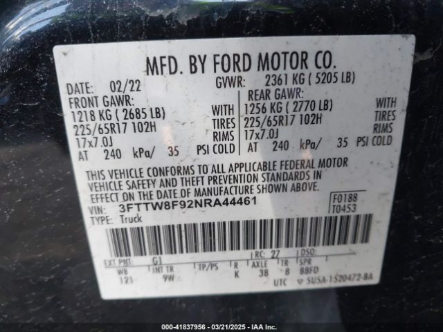 3FTTW8F92NRA44461 Ford Maverick Xl