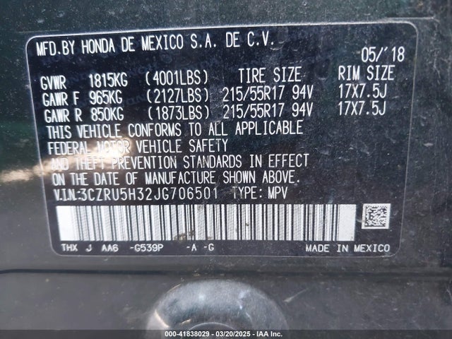 3CZRU5H32JG706501 Honda HR-V LX