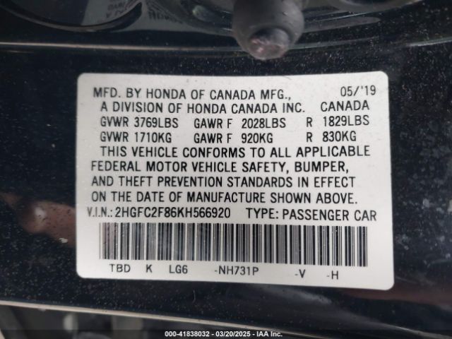 2HGFC2F86KH566920 Honda Civic Sport