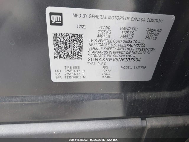 2GNAXKEV8N6107934 Chevrolet Equinox Fwd Lt
