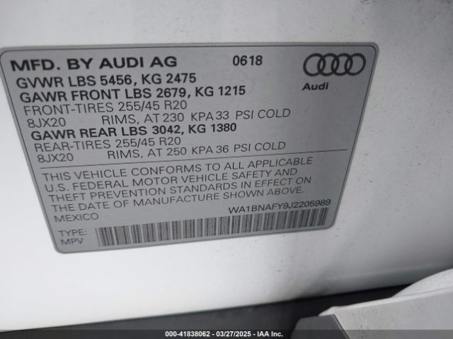 WA1BNAFY9J2205989 Audi Q5 2.0t Premium/2.0t Tech Premium