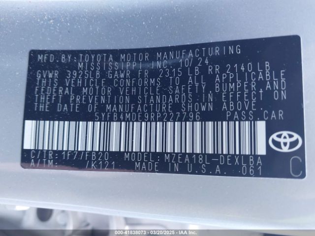 5YFB4MDE9RP227796 Toyota COROLLA LE