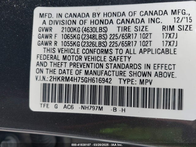 2HKRM4H75GH616942 Honda Cr-v Ex-l