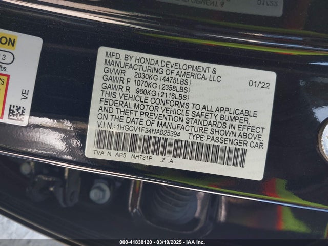 1HGCV1F34NA025394 Honda Accord Sport