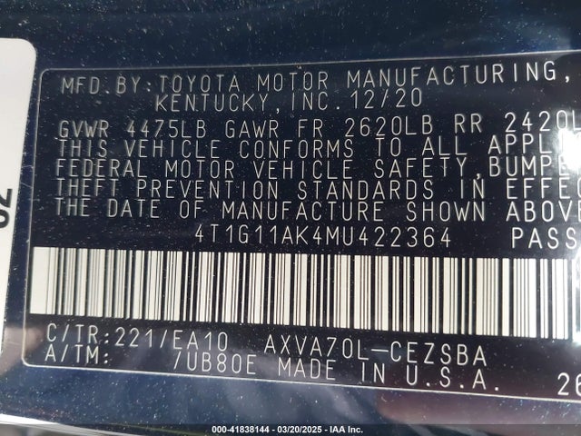 4T1G11AK4MU422364 Toyota CAMRY SE