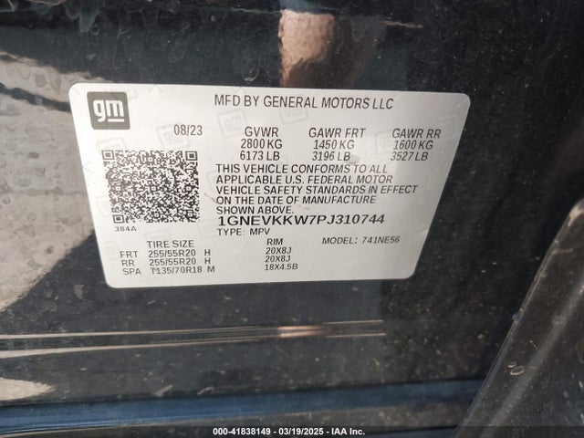 1GNEVKKW7PJ310744 Chevrolet Traverse Awd Premier