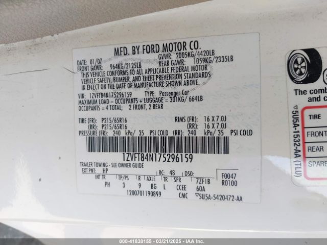 2007 FORD MUSTANG 1ZVFT84N175296159 Photo 8