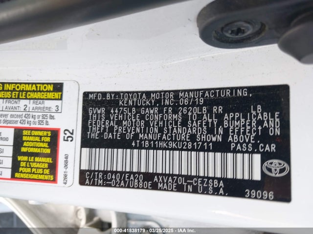 4T1B11HK9KU281711 Toyota CAMRY SE