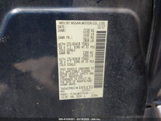 5N1AZ2MG5JN105131 Nissan MURANO SV