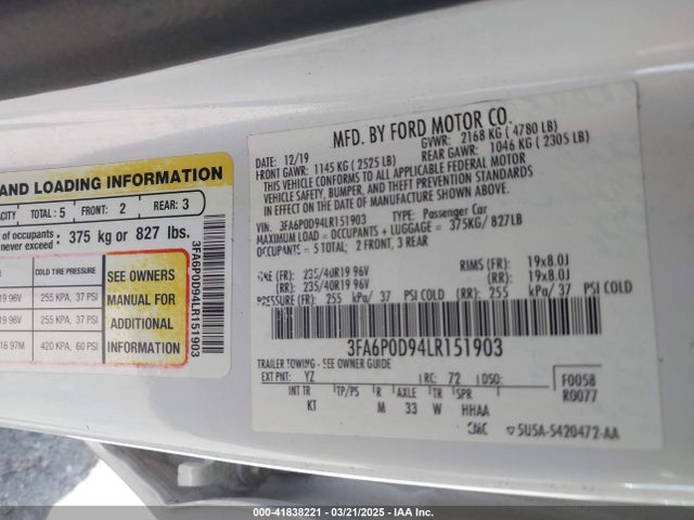 Ford Fusion Titanium 2020 3FA6P0D94LR151903 Image 9