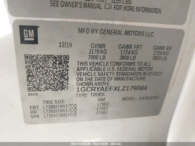 1GCRYAEFXLZ179084 Chevrolet Silverado 1500 4wd Double Cab Standard Bed Wt