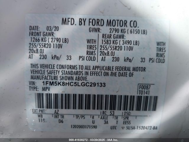 1FM5K8HC5LGC29133 Ford Explorer Platinum
