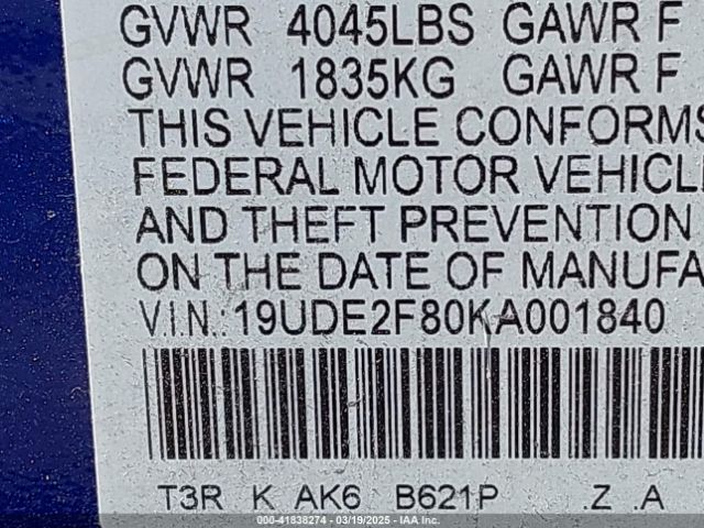 2019 ACURA ILX 19UDE2F80KA001840 Photo 8