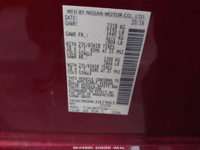 5N1AZ2MG9HN107961 Nissan MURANO SV