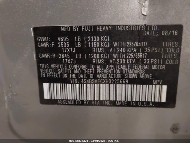 4S4BSAFCXH3225669 Subaru Outback 2.5i Premium