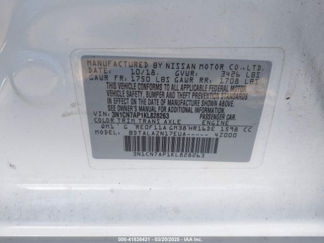 3N1CN7AP1KL828263 Nissan Versa 1.6 S+