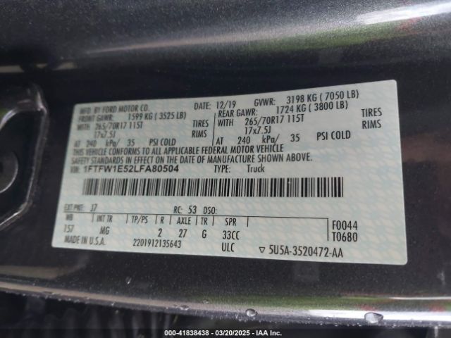 1FTFW1E52LFA80504 Ford F-150
