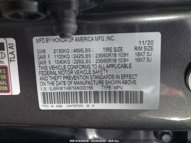 5J6RW1H87MA000156 Honda Cr-v 2wd Ex-l