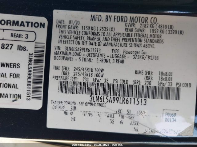 3LN6L5A99LR611513 Lincoln Mkz Standard
