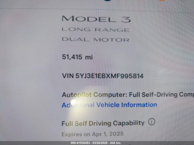 5YJ3E1EBXMF995814 Tesla Model 3 Long Range Dual Motor All-wheel Drive