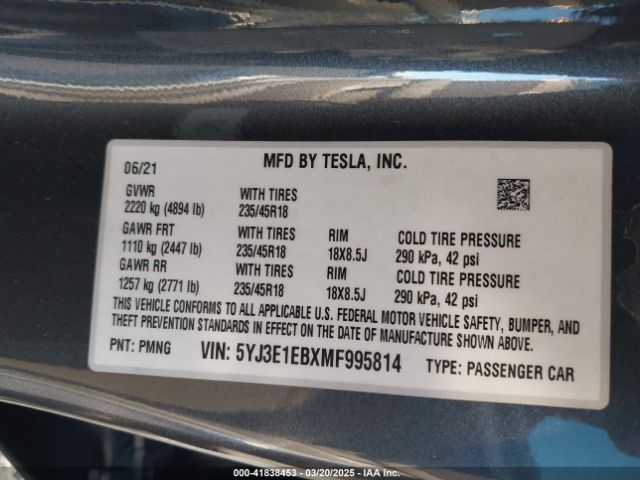 5YJ3E1EBXMF995814 Tesla Model 3 Long Range Dual Motor All-wheel Drive