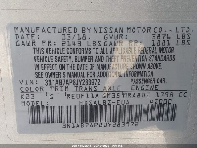 3N1AB7AP8JY283972 Nissan SENTRA S