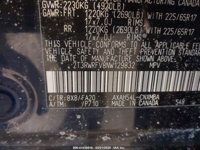2T3RWRFV8NW129832 Toyota Rav4 Hybrid Xle