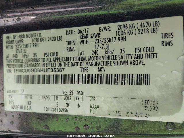 1FMCU0GD6HUE35387 Ford ESCAPE SE
