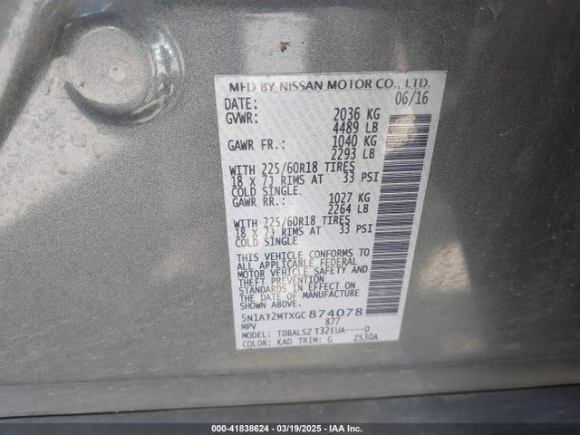 5N1AT2MTXGC874078 Nissan Rogue Sl