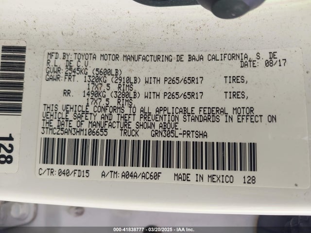 3TMCZ5AN3HM106655 Toyota Tacoma Dbl Cab/sr/trdspt/or/pro