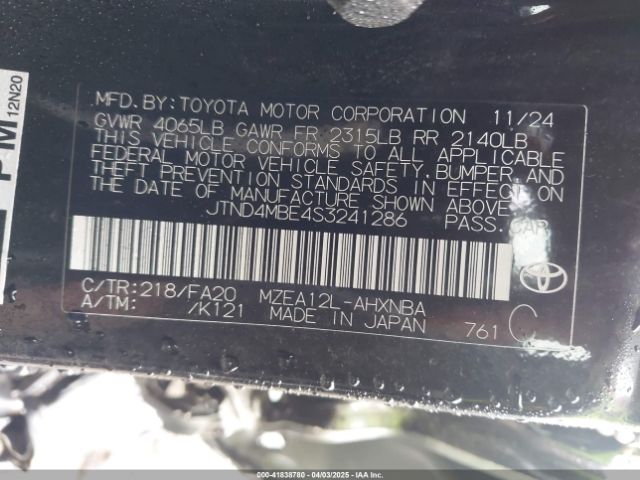 JTND4MBE4S3241286 Toyota Corolla Nightshade Edition