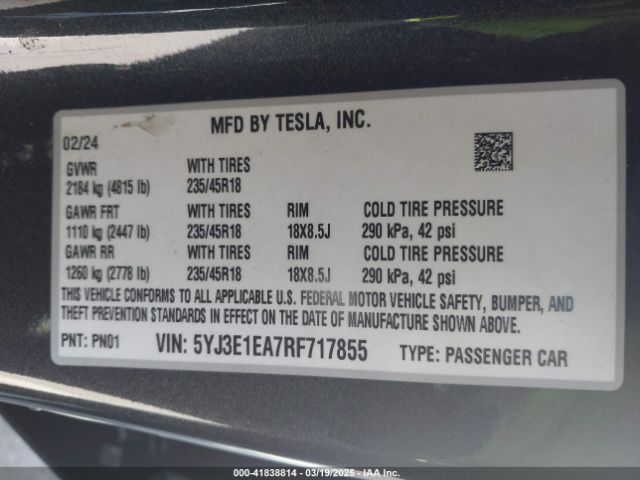 5YJ3E1EA7RF717855 Tesla Model 3 Long Range Dual Motor All-wheel Drive/rear-wheel Drive