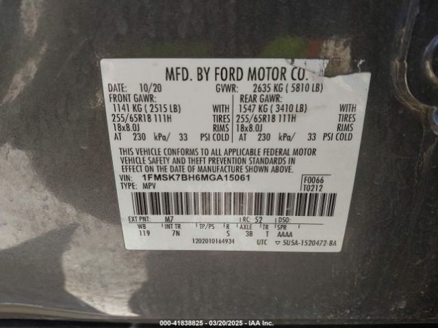 1FMSK7BH6MGA15061 Ford Explorer