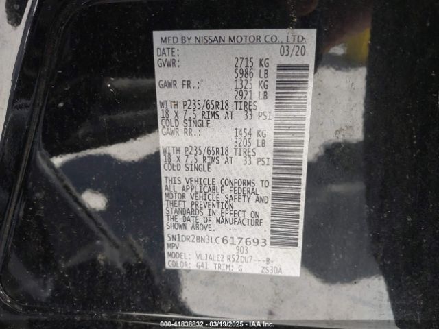 5N1DR2BN3LC617693 Nissan Pathfinder Sv 2wd