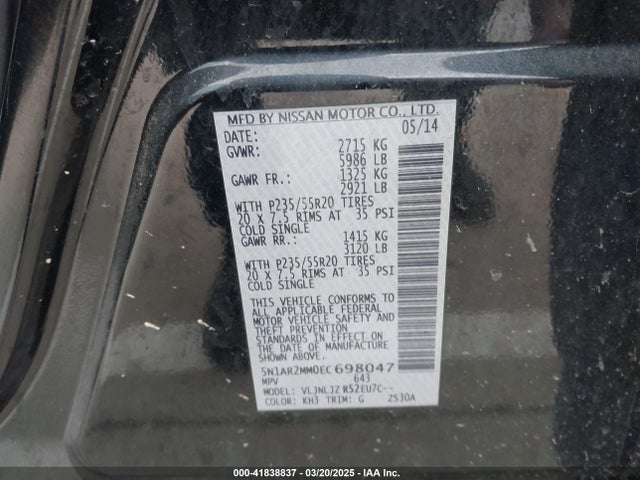 Nissan Pathfinder Platinum 2014 5N1AR2MM0EC698047 Image 9