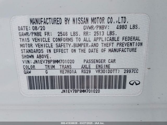 JN1EV7BP9MM701020 Infiniti Q50 LUXE