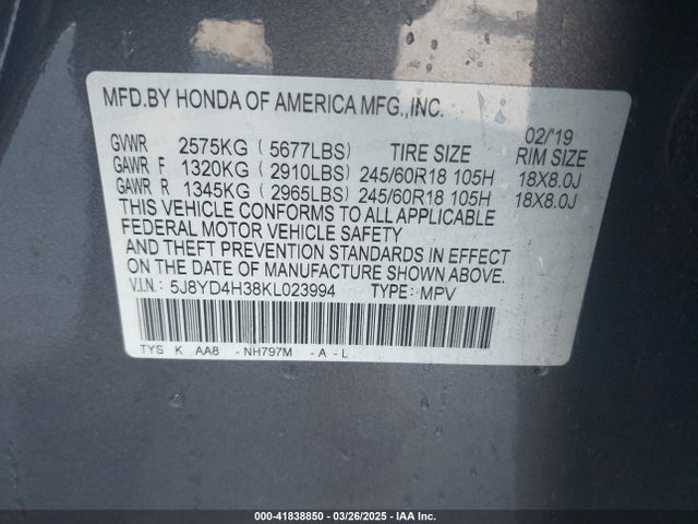 5J8YD4H38KL023994 Acura j35y5