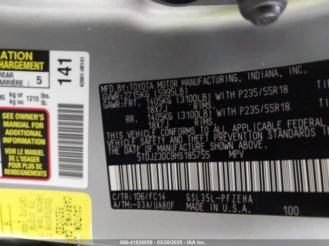 5TDJZ3DC9HS185755 Toyota Sienna Le 7 Passenger
